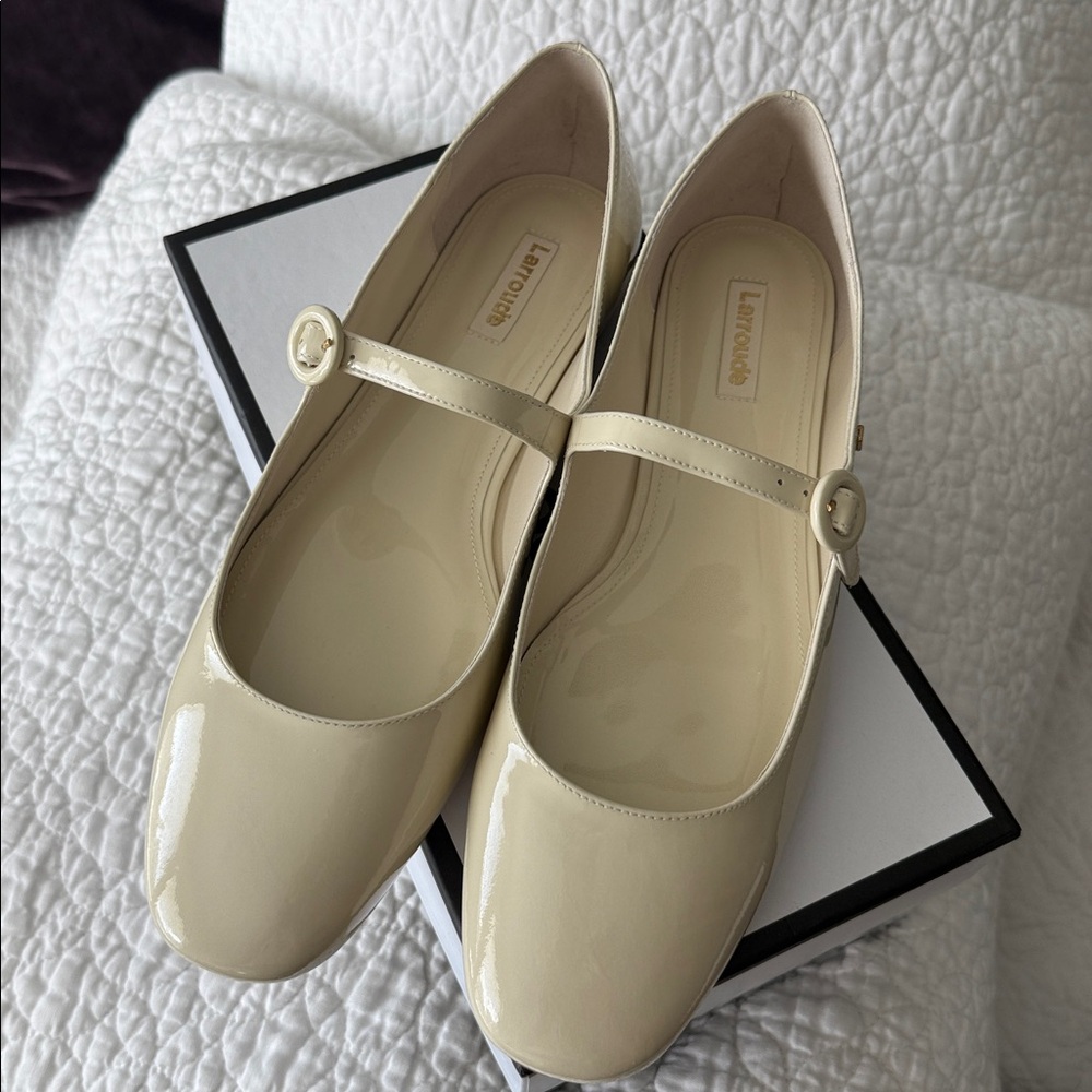 Larroude Beige Patent Mary Jane Flats